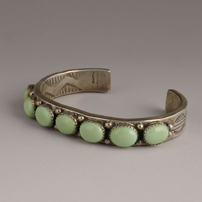 Will Denetdale Diné Stamped Sterling Silver Cuff with Matched Variscite Oval Cabochons