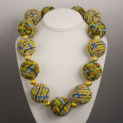 Miyuki and Toho beaded bead and vermeil necklace inspired by Viennese Secessionist designs