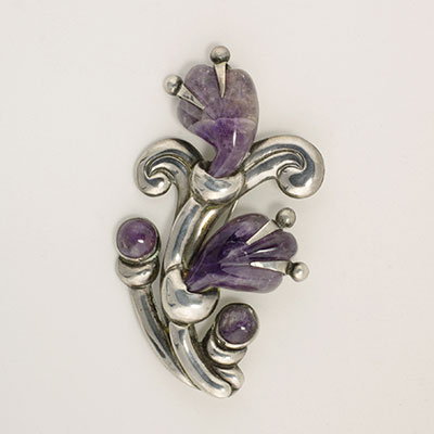 Hector Aguilar Large Sterling Silver and Carved Amethyst Floral Pin Brooch