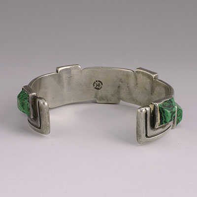 Hector Aguilar Sterling Silver and Malachite Pyramid Studs Meandering Lines Cuff