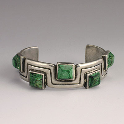 Hector Aguilar Sterling Silver and Malachite Mendering Lines Cuff