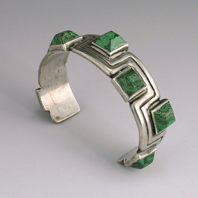 Vintage Mexican Silver jewelry Hector Aguilar malachite and silver cuff bracelet